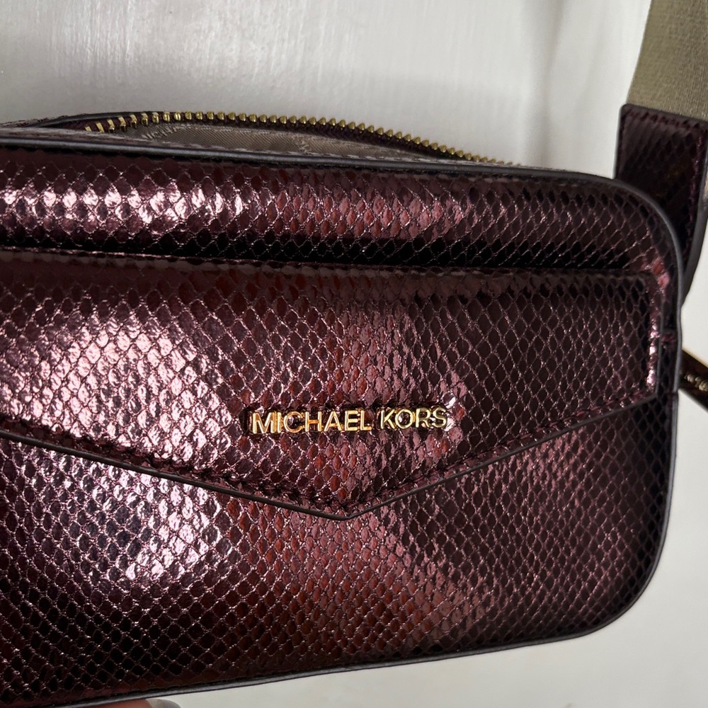 Michael Kors Maisie 2 in One Shimmering Maroon Burgundy Camera Bag Crossbody